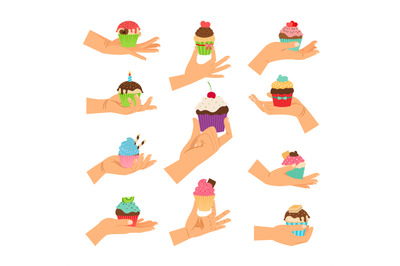 Hands holding decorated cupcakes set