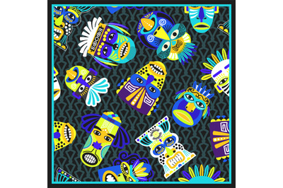 Blue psychedelic bandana with masks pattern