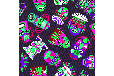 Pink and green masks on dark, seamless pattern