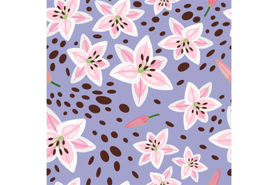 Pink lily on blue background pattern