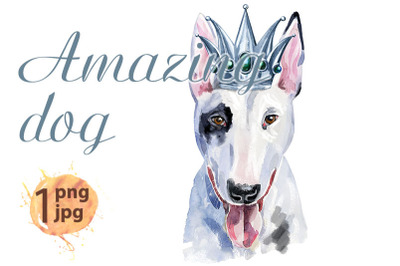 Watercolor portrait of bull terrier with silver crown