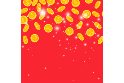 Golden coins rain on red background