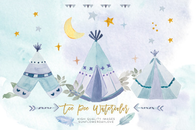 Watercolor boho teepee clipart, arrow &amp; feathers blue clip art