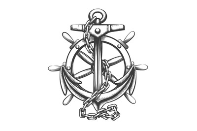 Anchor and Ship WheeL Tattoo in engraving Style. Vector illustration