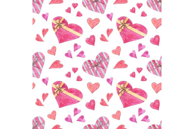 Love seamless pattern with hearts in watercolor sketching style