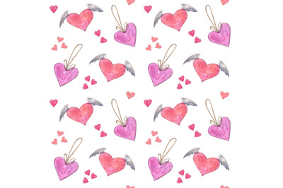 Love seamless pattern with hearts in watercolor sketching style