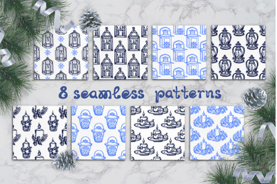 8 seamless patterns with Christmas candles and lanterns
