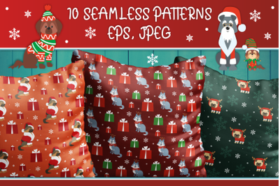 Woof. Christmas seamless patterns with cute doggies