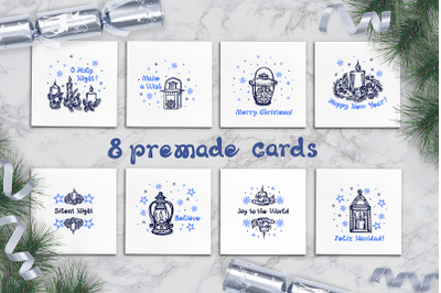 8 premade greeting cards with hand drawn candles and lanterns