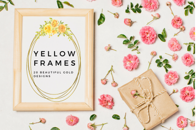Yellow Watercolor Flowers Frames, Geometric Gold Frames, Yellow Gold A