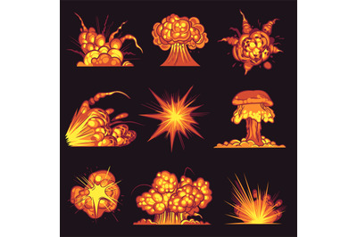 Cartoon explosions. Fire bang with smoke effect of explode dynamite. D