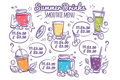 Smoothie menu. Fruit drinks, colorful organic cocktail juices with ber