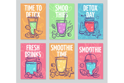 Smoothie flyers. Colorful smoothies poster, fresh cocktails, detox dri