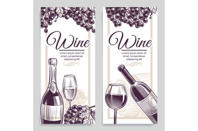 Sketch wine banners. Classical alcoholic drink bottle and wineglasses