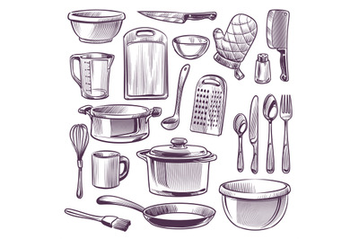 Kitchen utensils. Sketch cooking equipment. Frying pan, knife and fork