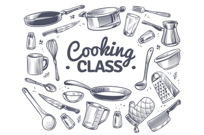 Cooking class. Sketch kitchen tool, kitchenware. Soup pan, knife and f