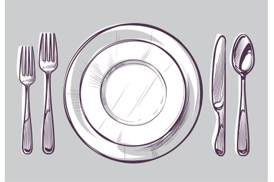 Sketch plate fork and knife. Dinner cutlery and empty dish on table, d