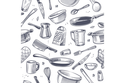 Cooking utensils seamless pattern. Sketch kitchen tool, kitchenware. P