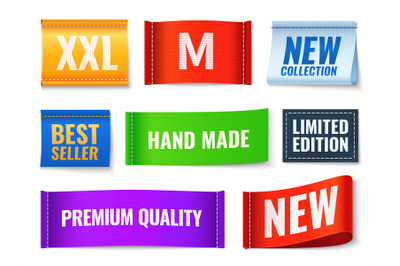 Clothes tags. Promo fabric badges, color cotton rectangular new, hand