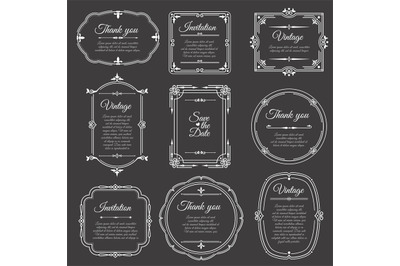 Vintage frame on chalkboard. Romantic beautiful elegant frames on blac