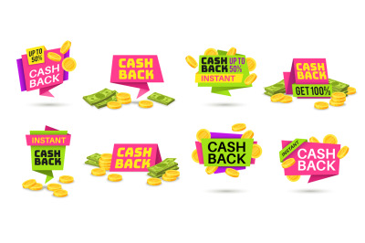 Cashback labels. Colorful cash back icons, money refund badges with co