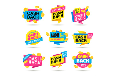 Cashback labels. Cash back banners, return money from purchases, money