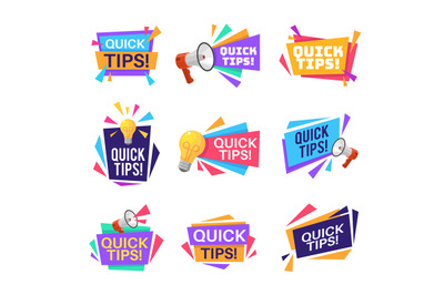 Quick tip labels. Helpful tricks and advice blog post badges with idea