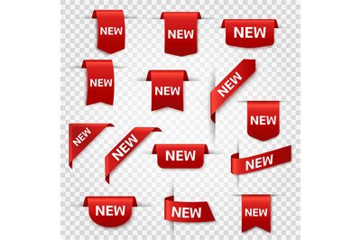 New labels. Newest product red banner ribbons, price shopping tags. Pr