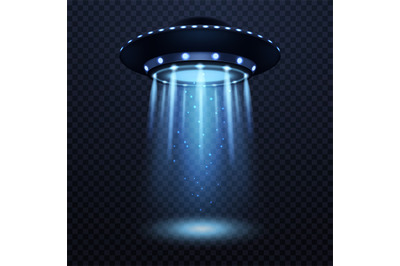 UFO. Realistic alien spaceship with blue light beam, futuristic sci fi