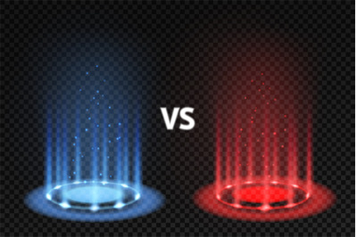 Vs. Versus battle glowing podiums for fighters matching, blue and red