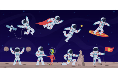 Astronaut. Cute astronauts working in space with equipment and spacesh