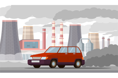 Car air pollution. Co2 emissions by vehicles and industrial factories,