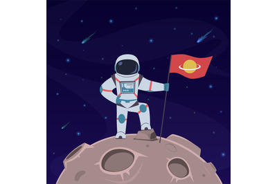 Astronaut on moon. Spaceman with flag in spacesuit explores moon surfa