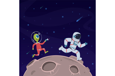 Astronaut and alien. Spaceman runs away from alien humanoid with blast