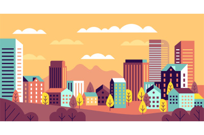 Autumn city landscape. Simple cityscape with buildings panorama. Cute