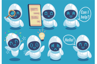 Chatbots. Friendly robot online helper, artificial intelligence commun