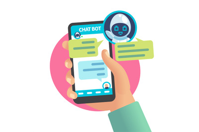 Chat bot chatting with man. Help service dialog, user chatting with ro