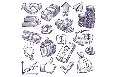 Money and banking sketch. Dollar banknotes and coins, piggy bank and b