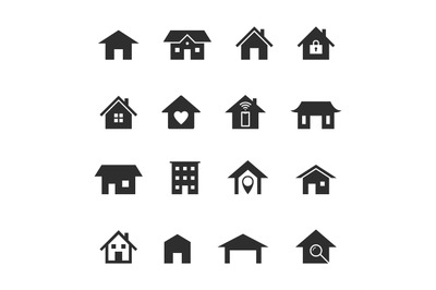 Home icons. Black houses silhouettes&2C; smart home service. Web homepage