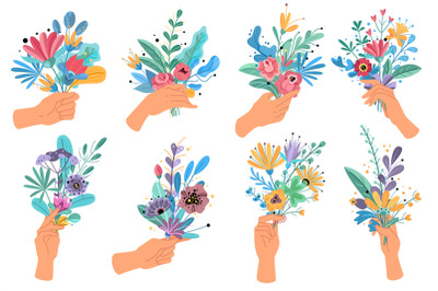 Hands holding bouquets. Colorful floral bundle bouquets in hands, deco