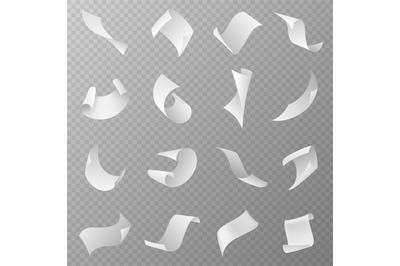 Flying papers. Blank white paper sheet falling down with curved corner