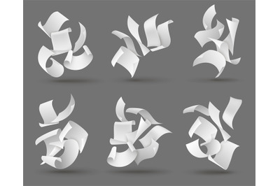 Falling paper sheets. White flying papers with curved corners. Blank d