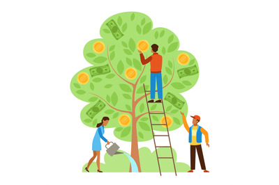 Money tree. Characters picking cash from money tree, income growing me