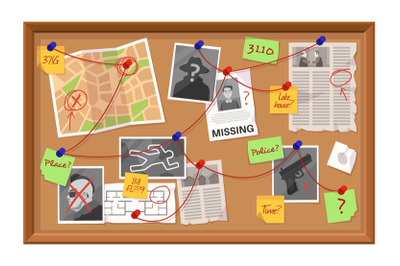 Investigation board. Crime evidence connections chart, pinned newspape