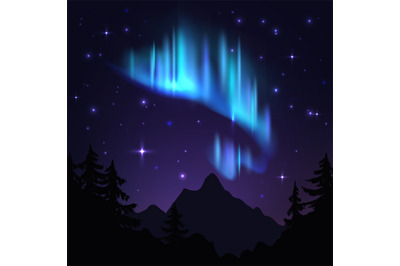 Northern lights. Isolated aurora borealis, bright stripes in night sky