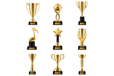 Trophy cup. Realistic golden trophy cups and prize in different shapes