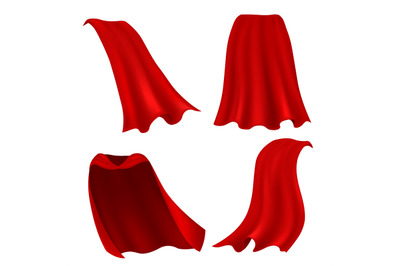 Red cape. Realistic draped scarlet cloak front, side and back view, si