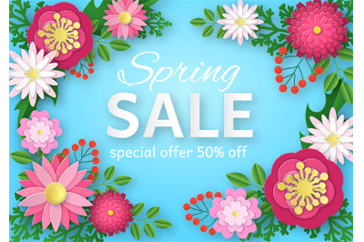 Spring sale with paper flowers. Colorful floral promotion poster&2C; maga