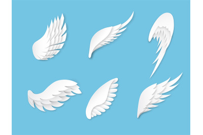 Paper wings. Artificial white different shapes wings decoration. Heral