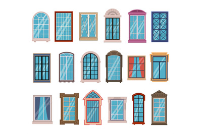 Flat windows frames. Colorful various wooden and plastic window frames